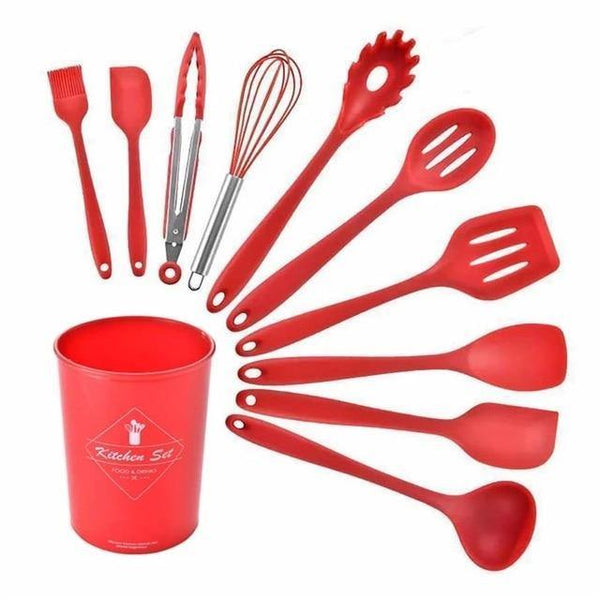 10/11/12/13 PCS Kitchen Utensils Set Red Cooking Utensils Set Silicone Kitchen Tools Gadgets Wooden Spatula Set with Holder box