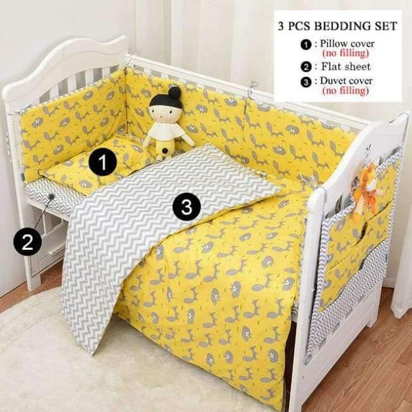 Planet Gates C Yellow Fox 3pcs/set Cotton Bedding Set, Fashion Cactus/Flamingo/Fox Pattered Cotton Crib Sets(Duvet Cover+ Pillowcase+Flatsheet)