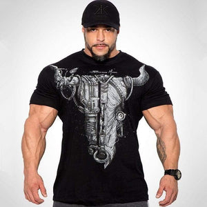 Mens Casual Fashion Skull Printed T-shirt Gyms Fitness Bodybuilding Short Sleeve Cotton T Shirt Tees Tops Male Workout Clothing