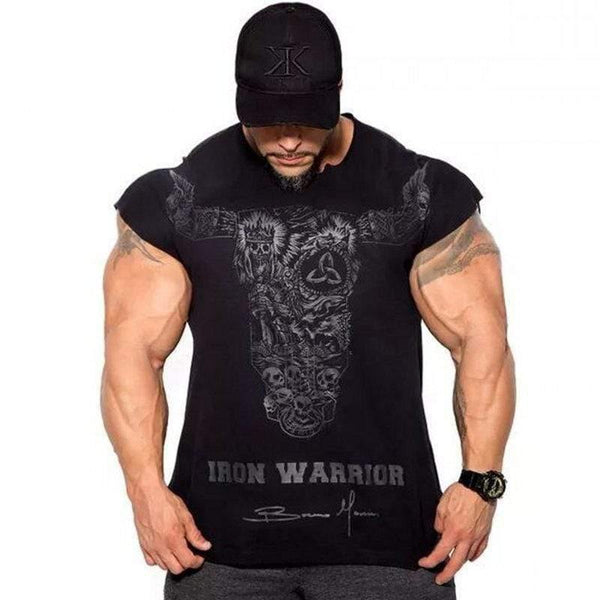 Mens Casual Fashion Skull Printed T-shirt Gyms Fitness Bodybuilding Short Sleeve Cotton T Shirt Tees Tops Male Workout Clothing