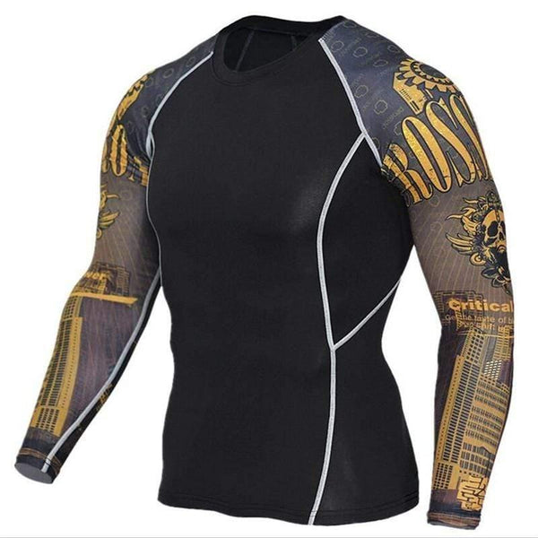 Mens Skinny Long Sleeve T-shirt Compression Elasticity Polyester Print T Shirt Male Gyms Fitness Bodybuilding Jogger Tees Tops