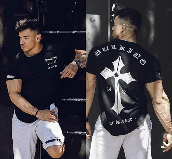 Mens Casual Fashion Printed Slim T-shirt Gyms Fitness Bodybuilding Short Sleeve Cotton T Shirt Tees Tops Male Workout Clothing