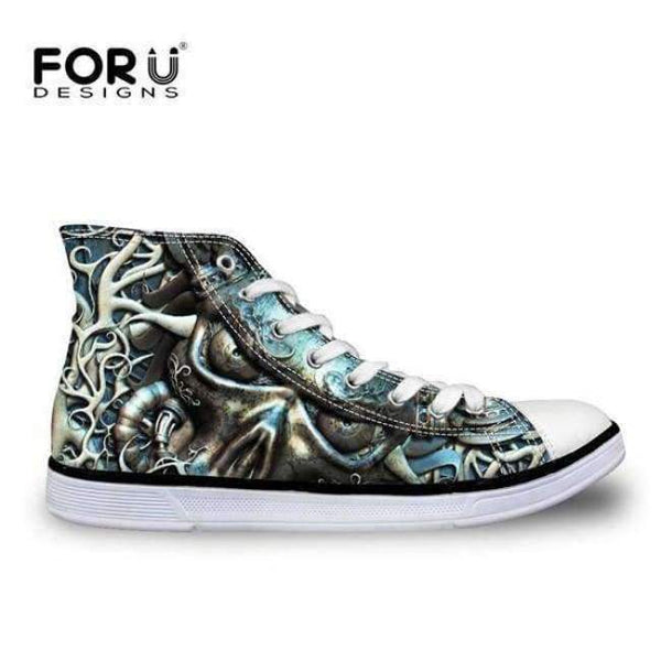 Planet Gates C4202AK / 5 FORUDESIGNS Fashion Men's High Top Vulcanize Shoes Classic Male Lace-up Canvas Shoes for Man Cool Black Punk Skull Flat Shoes