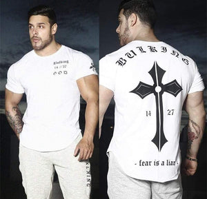Mens Casual Fashion Printed Slim T-shirt Gyms Fitness Bodybuilding Short Sleeve Cotton T Shirt Tees Tops Male Workout Clothing