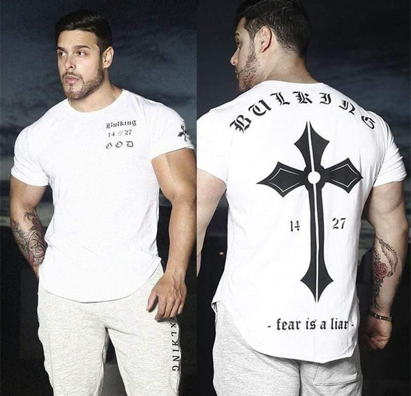 Mens Casual Fashion Printed Slim T-shirt Gyms Fitness Bodybuilding Short Sleeve Cotton T Shirt Tees Tops Male Workout Clothing