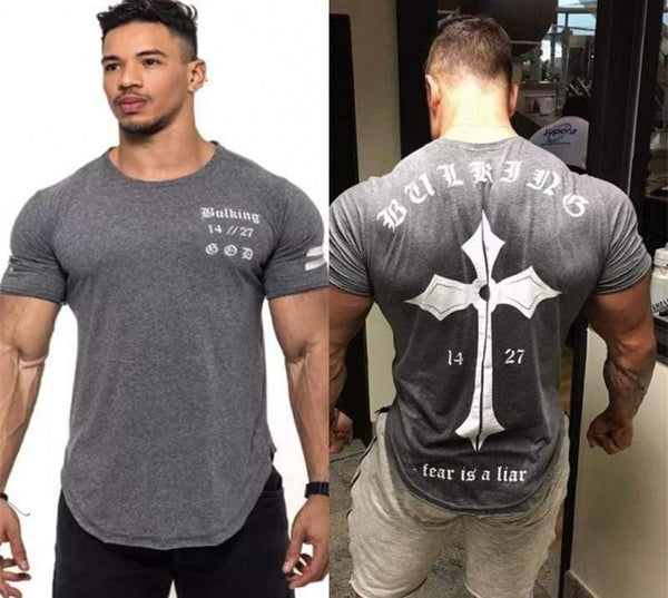 Mens Casual Fashion Printed Slim T-shirt Gyms Fitness Bodybuilding Short Sleeve Cotton T Shirt Tees Tops Male Workout Clothing