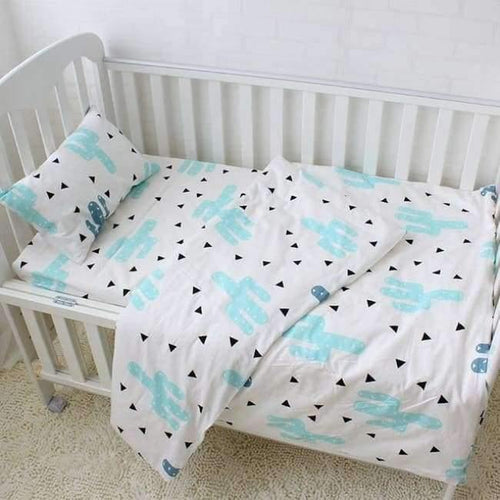 Planet Gates Cactus 3Pcs Baby Bedding Set Pure Cotton Cartoon Pattern Crib Bed Linen Kit Include Pillowcase Flat Sheet Duvet Cover Without Filler