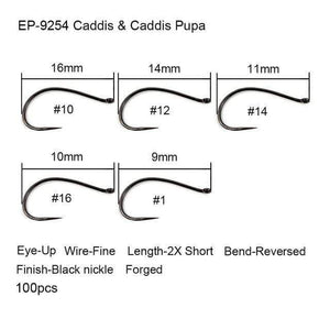Planet Gates Caddis fly hook 9254 / 3 100pcs Competition Fly Fishing Hook Barbless No Barb hook Fishing Dry Nymph Shirmp Wet Caddis Fly Hook Black Nickle New