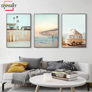 Planet Gates California Surf Art Prints Beach Wall Art Summer Print Sunset Landscape Canvas Painting Surfboard Boho Decor Coastal Posters