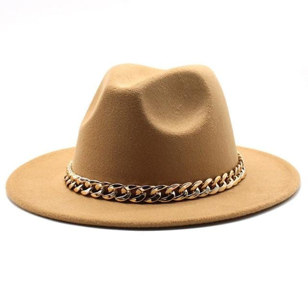 Planet Gates Camel / L(58-60cm) American Big Chain Fedoras Faux Woolen Brim Felt Cap Jazz Men Women Hat