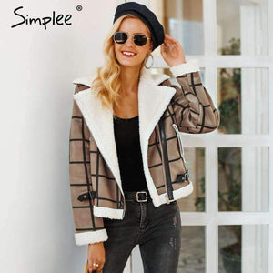 Planet Gates Camel / S Fashion plaid lamb fur jacket coat women Faux winter jacket turn-down 2018 Autumn coat female Casual zipper overcoat