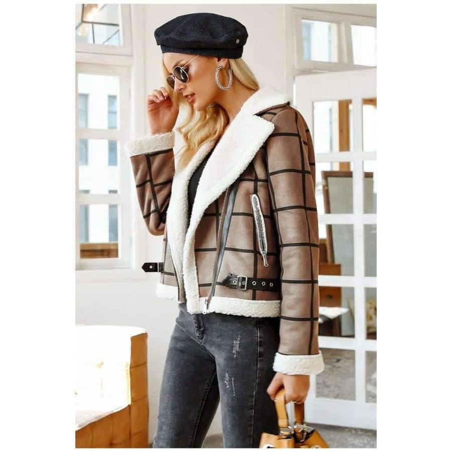 Planet Gates Camel / S Fashion plaid lamb fur jacket coat women Faux winter jacket turn-down 2018 Autumn coat female Casual zipper overcoat