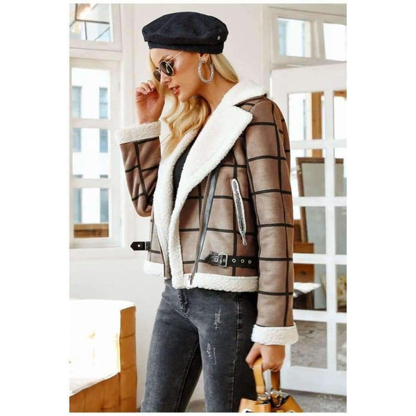 Planet Gates Camel / S Fashion plaid lamb fur jacket coat women Faux winter jacket turn-down 2018 Autumn coat female Casual zipper overcoat
