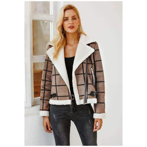 Planet Gates Camel / S Fashion plaid lamb fur jacket coat women Faux winter jacket turn-down 2018 Autumn coat female Casual zipper overcoat