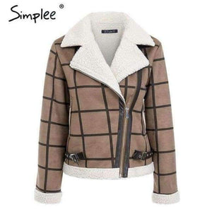 Planet Gates Camel / S Fashion plaid lamb fur jacket coat women Faux winter jacket turn-down 2018 Autumn coat female Casual zipper overcoat