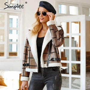 Planet Gates Camel / S Fashion plaid lamb fur jacket coat women Faux winter jacket turn-down 2018 Autumn coat female Casual zipper overcoat
