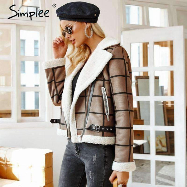 Planet Gates Camel / S Fashion plaid lamb fur jacket coat women Faux winter jacket turn-down 2018 Autumn coat female Casual zipper overcoat