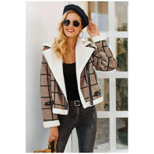 Planet Gates Camel / S Fashion plaid lamb fur jacket coat women Faux winter jacket turn-down 2018 Autumn coat female Casual zipper overcoat
