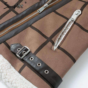 Planet Gates Camel / S Fashion plaid lamb fur jacket coat women Faux winter jacket turn-down 2018 Autumn coat female Casual zipper overcoat