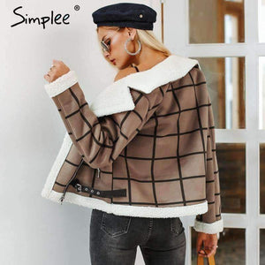Planet Gates Camel / S Fashion plaid lamb fur jacket coat women Faux winter jacket turn-down 2018 Autumn coat female Casual zipper overcoat