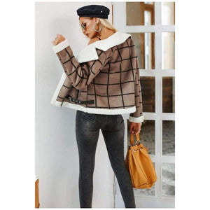 Planet Gates Camel / S Fashion plaid lamb fur jacket coat women Faux winter jacket turn-down 2018 Autumn coat female Casual zipper overcoat