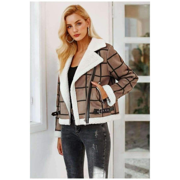 Planet Gates Camel / S Fashion plaid lamb fur jacket coat women Faux winter jacket turn-down 2018 Autumn coat female Casual zipper overcoat