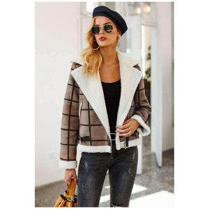 Planet Gates Camel / S Fashion plaid lamb fur jacket coat women Faux winter jacket turn-down 2018 Autumn coat female Casual zipper overcoat
