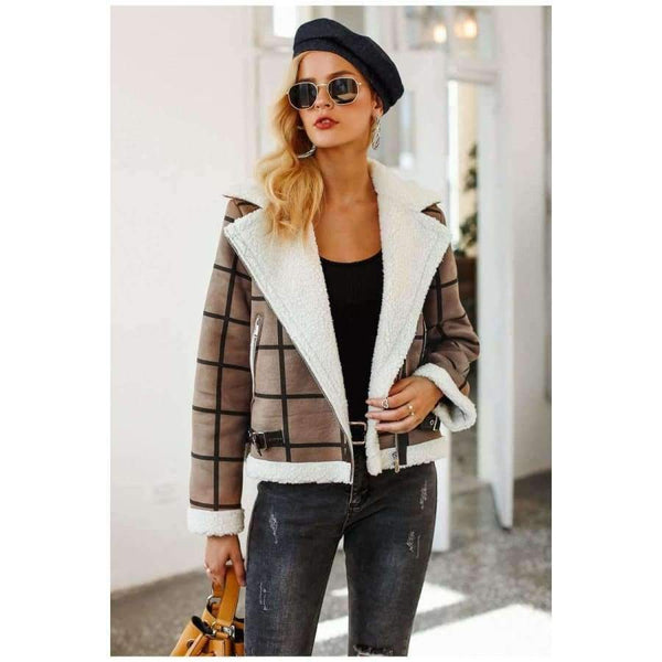 Planet Gates Camel / S Fashion plaid lamb fur jacket coat women Faux winter jacket turn-down 2018 Autumn coat female Casual zipper overcoat