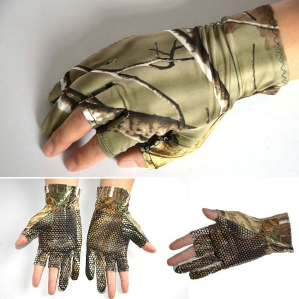 Planet Gates Camo Fishing Gloves Camouflage Anti-Slip Elastic Thin Mitten 3 Fingers Cut Camping Cycling Hunting Half-Finger Gloves Camouflage