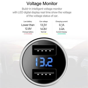 Planet Gates Car Charger Digital Display Dual USB, ROCK 5V 3.4A For iPhone Xiaomi Samsung Fast Charging Voltage Monitoring Universal Phone