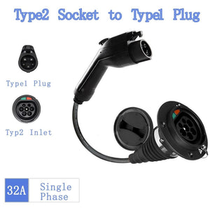 Planet Gates Car EV Charging Cable J1772 Type 2 Socket to Type 1 Inlet Ev Charger Electric Vehicle Adapter 32A 1P With Cable For Audi,BMW..