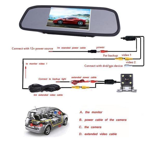 Planet Gates Car HD Video Auto Parking Monitor, 4 LED Night Vision CCD Car Rear View Camera, 4.3" TFT LCD Car Rearview Mirror Monitor