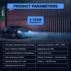 Planet Gates Car Headlight H4 Hi/Lo Beam LED H7 H8 H9 H11 9005/HB3 9006/HB4 100W 20000LM 6000K Auto Headlamp Fog Light Bulbs