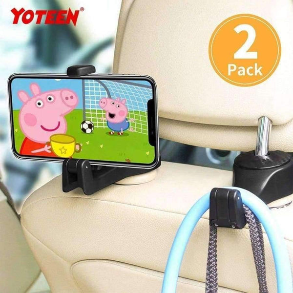 Planet Gates Car Headrest Hooks Universal Vehicle Back Seat Hanger Hook with Phone Holder for Bag Purse Cloth Grocery 2 in 1