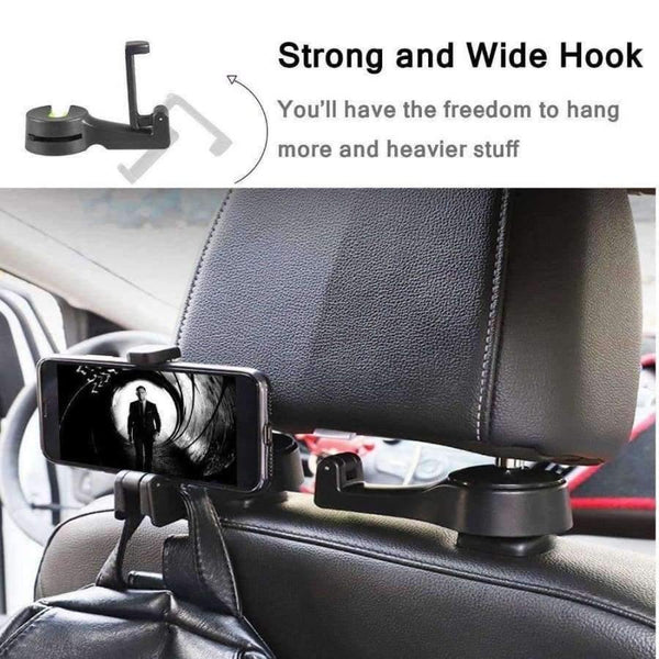 Planet Gates Car Headrest Hooks Universal Vehicle Back Seat Hanger Hook with Phone Holder for Bag Purse Cloth Grocery 2 in 1