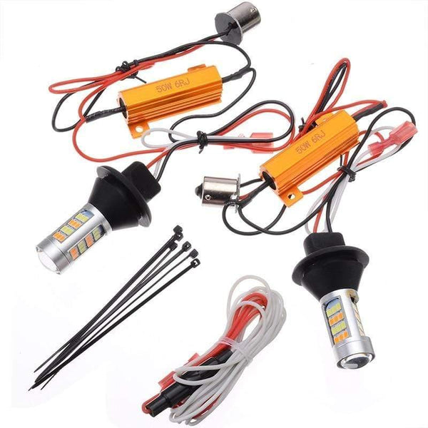 Planet Gates Car Lighting 2pcs 1156 High Power Dual Color Switchback LED Bulb P21W S25 BA15S 2835 42LED Daytime Running Turn Signal Lamp