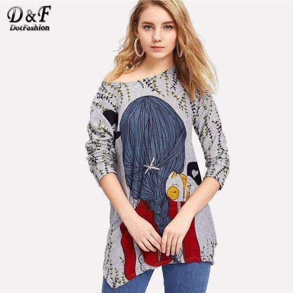 Planet Gates Cartoon Print Back Longline Tee Shirt 2018 New Arrival Spring Round Neck Woman Top Long Sleeve Longline T Shirt