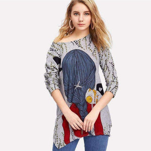 Planet Gates Cartoon Print Back Longline Tee Shirt 2018 New Arrival Spring Round Neck Woman Top Long Sleeve Longline T Shirt