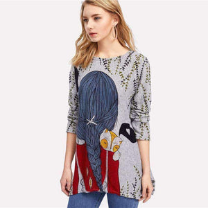 Planet Gates Cartoon Print Back Longline Tee Shirt 2018 New Arrival Spring Round Neck Woman Top Long Sleeve Longline T Shirt
