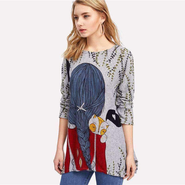Planet Gates Cartoon Print Back Longline Tee Shirt 2018 New Arrival Spring Round Neck Woman Top Long Sleeve Longline T Shirt
