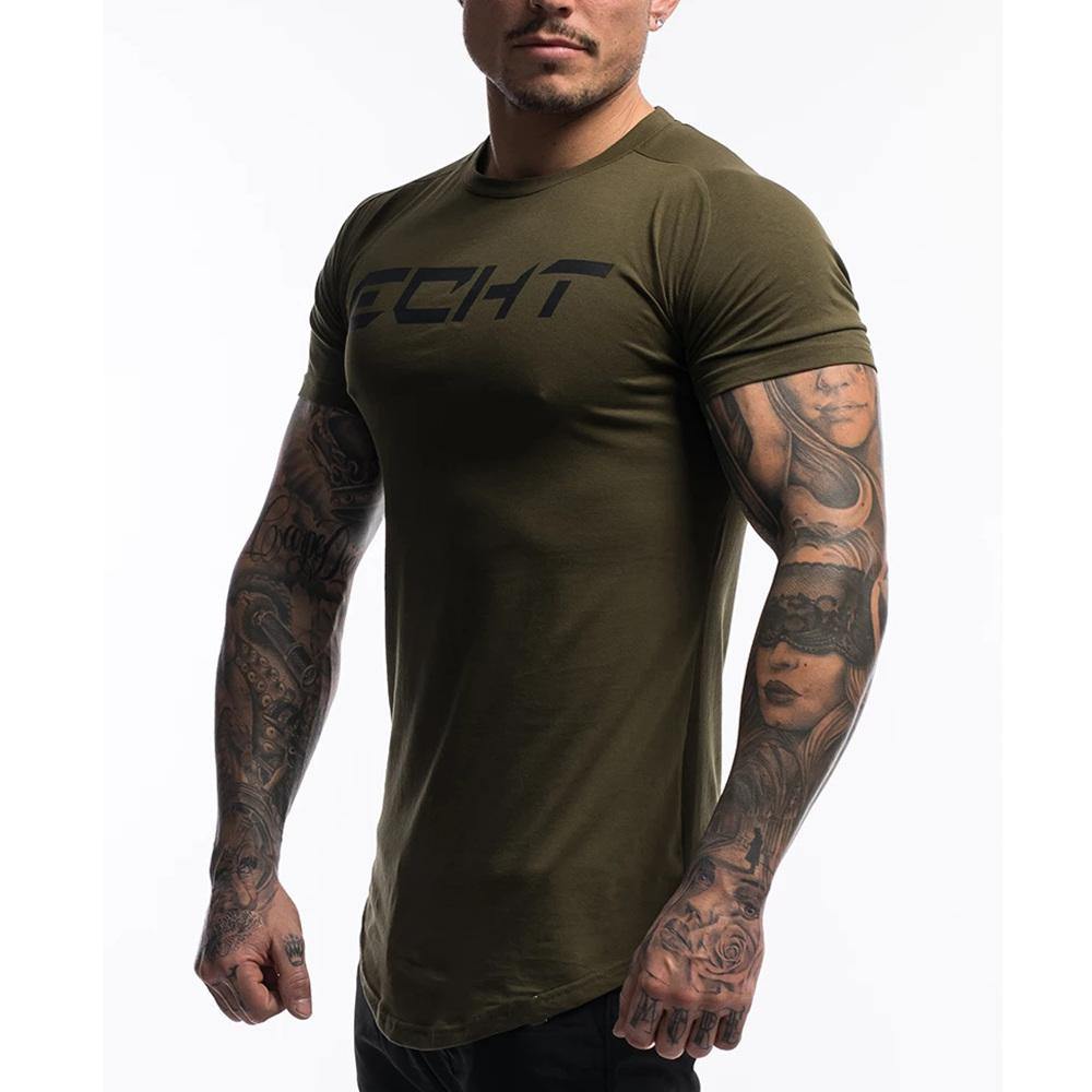 Casual Cotton Print T-shirt Mens Gyms Fitness Tshirt Army Green Male  Bodybuilding Workout Skinny Tee Shirt Tops Summer Clothes