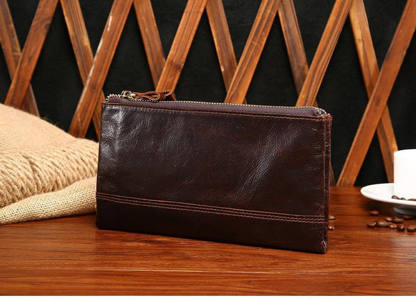 Planet Gates Casual Men's Purses Double Zipper Clutch Bag Genuine Leather Men Wallets Leather Man Wallet Long Male Wristlet Purse Card
