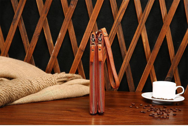 Planet Gates Casual Men's Purses Double Zipper Clutch Bag Genuine Leather Men Wallets Leather Man Wallet Long Male Wristlet Purse Card