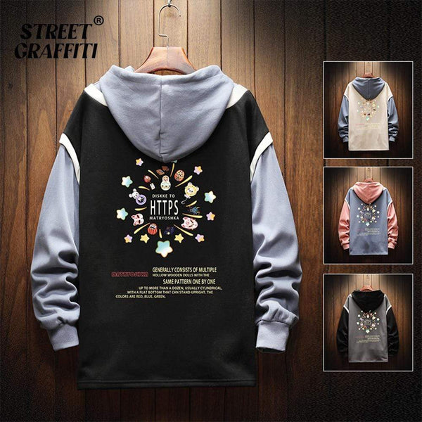 Planet Gates Casual Sweatshirts Hoodie Harajuku Vintage Painted Style Splicing Hip Hop Creativity Streetwear Male 2021 Cotton Men Hoodies