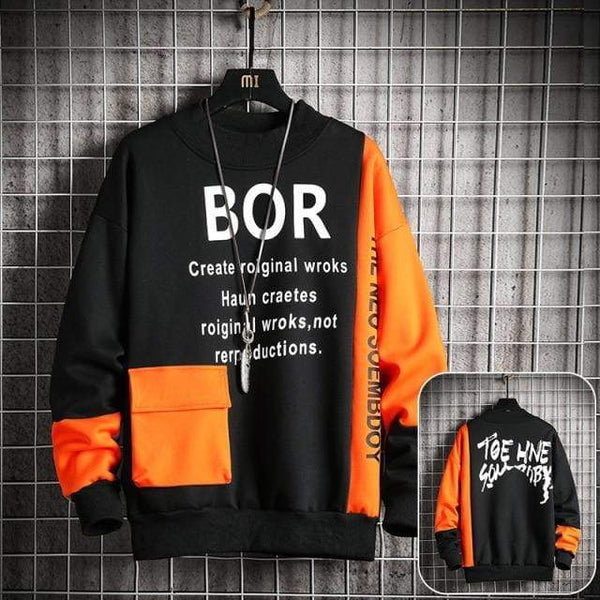 Planet Gates CBD183 Orange / XXXL Casual Sweatshirt Men  New Streetwear Hoodies Letter Printing Mens Patchwork Sweatshirts Male O-Neck Top Pullover Tracksuit