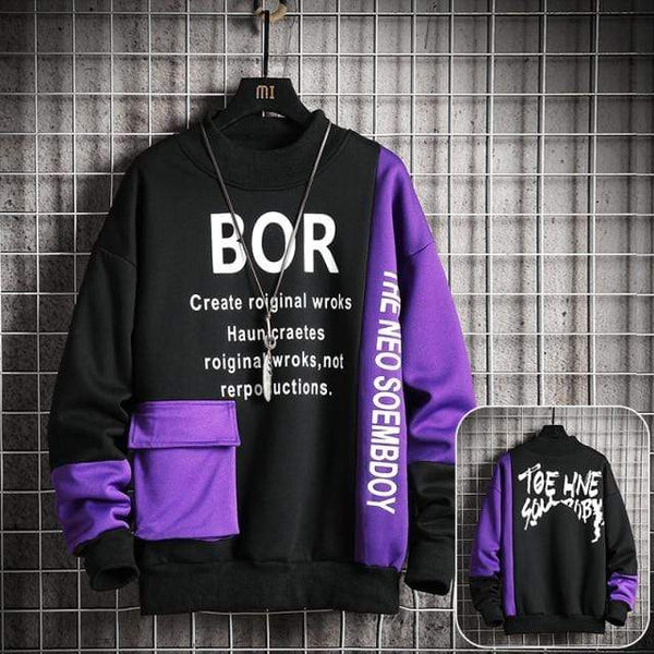 Planet Gates CBD183 Purple / M Casual Sweatshirt Men  New Streetwear Hoodies Letter Printing Mens Patchwork Sweatshirts Male O-Neck Top Pullover Tracksuit