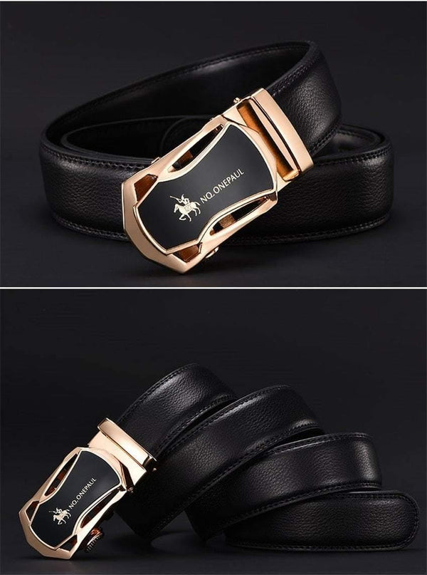 Planet Gates CD / 100cm Brand Fashion Automatic Buckle Black Genuine Leather Belt Men's Belts Cow Leather Belts for Men 3.5cm Width
