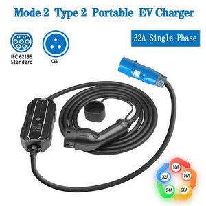 Planet Gates CEE Plug 220V-240V Car Charging Cable Electric Vehicle EV Charger Type 2 32 Amp Portable EVSE, IEC 62196-2