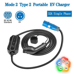 Planet Gates CEE Plug 220V-240V Car Charging Cable Electric Vehicle EV Charger Type 2 32 Amp Portable EVSE, IEC 62196-2