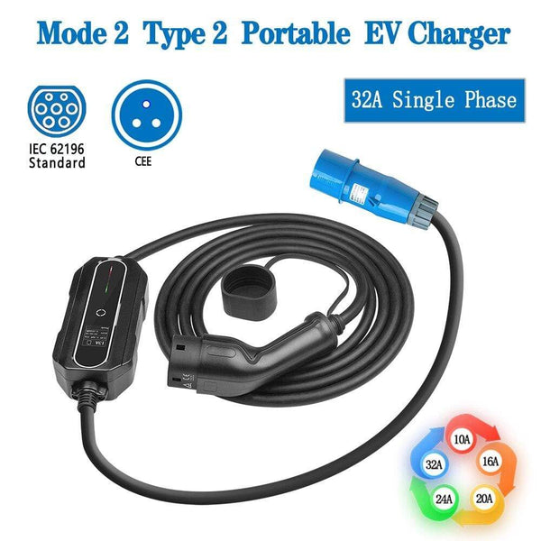 Planet Gates CEE Plug 220V-240V Car Charging Cable Electric Vehicle EV Charger Type 2 32 Amp Portable EVSE, IEC 62196-2